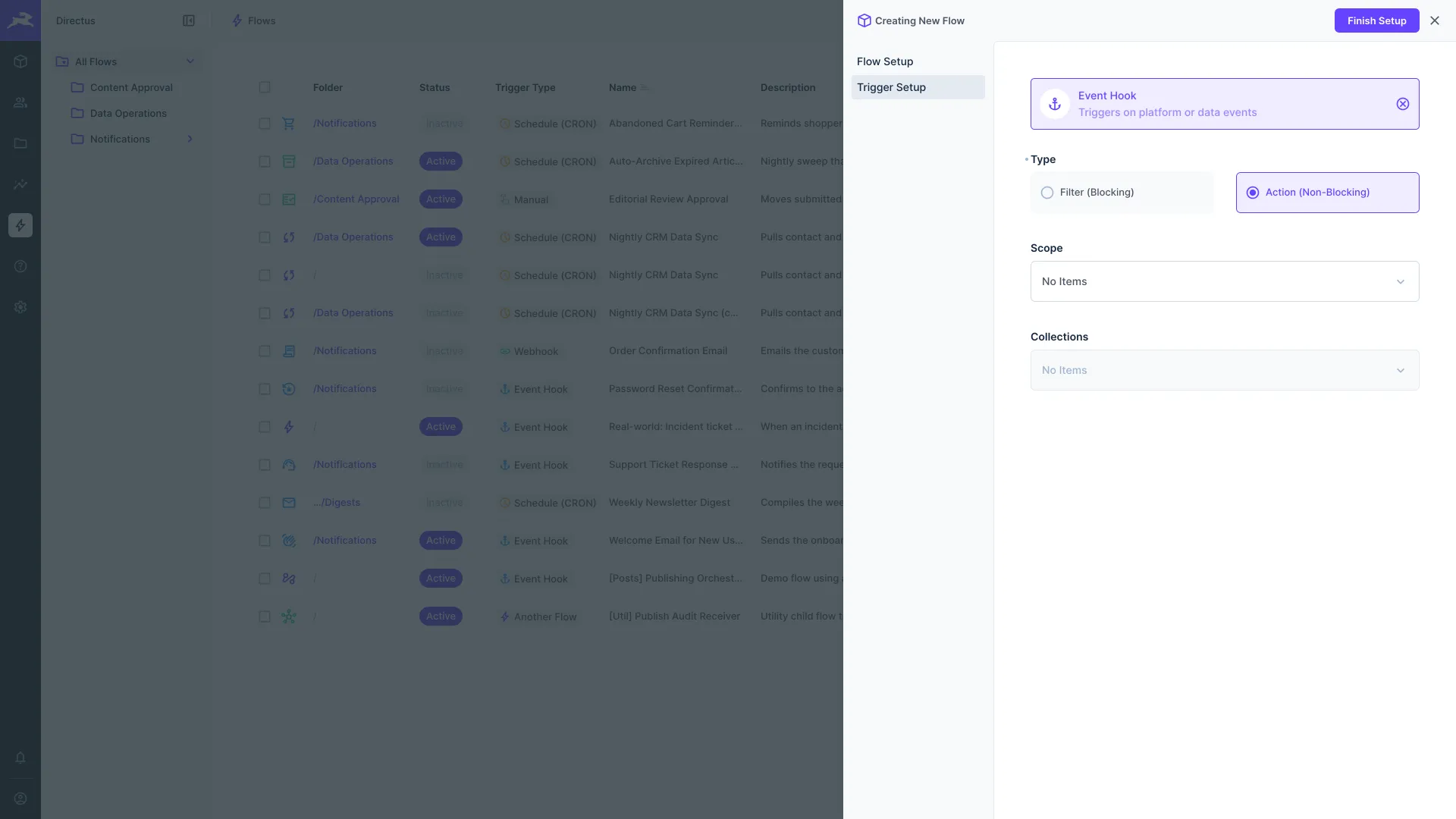 Create a new flow pane - trigger setup where the trigger is an event hook.
